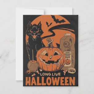 Vintage Halloween Pumpkin Black Cat Feiertagskarte