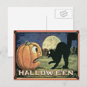 Vintage Halloween Pumpkin & Cat in Mosaik Postkarte