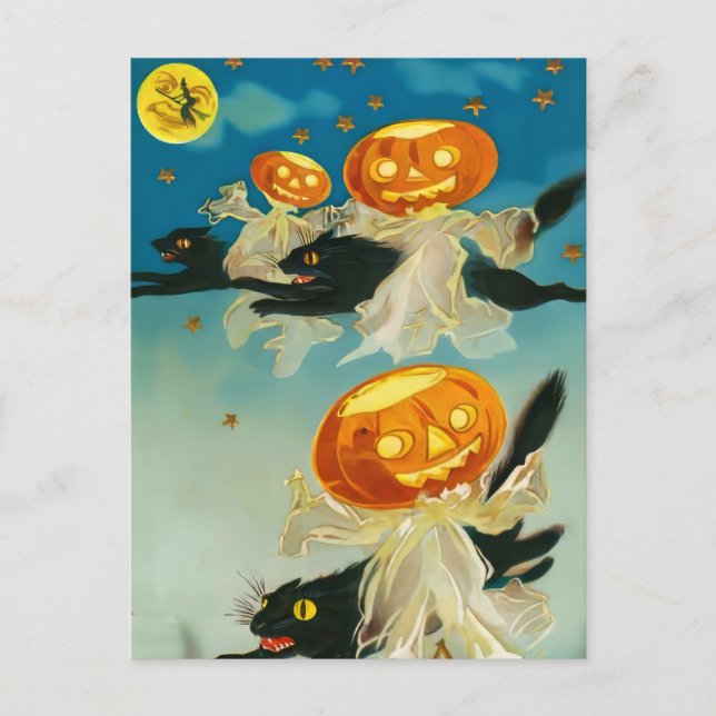 Vintage Halloween Pumpkin-Geister und Schwarze Kat Einladungspostkarte (Vorderseite)