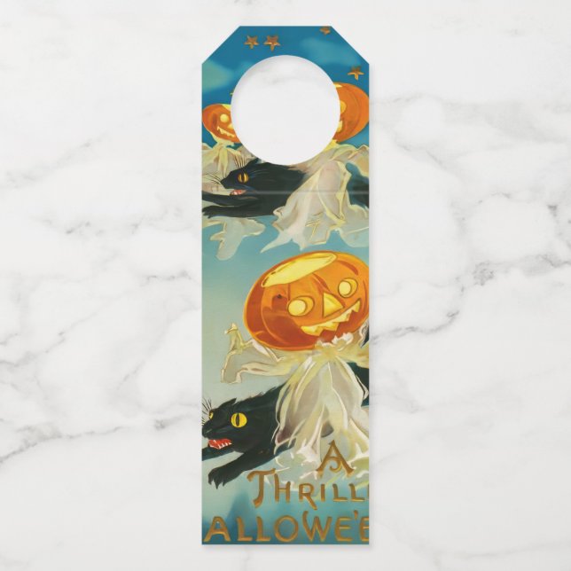 Vintage Halloween Pumpkin-Geister und Schwarze Kat Flaschenanhänger (Vorderseite)
