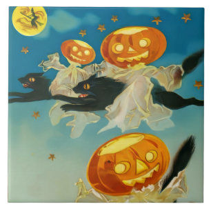 Vintage Halloween Pumpkin-Geister und Schwarze Kat Fliese