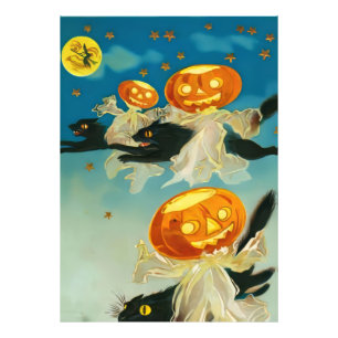 Vintage Halloween Pumpkin-Geister und Schwarze Kat Fotodruck