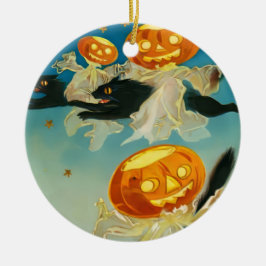 Vintage Halloween Pumpkin-Geister und Schwarze Kat Keramik Ornament