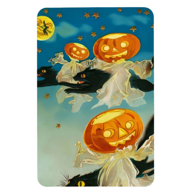 Vintage Halloween Pumpkin-Geister und Schwarze Kat Magnet (Vertikal)