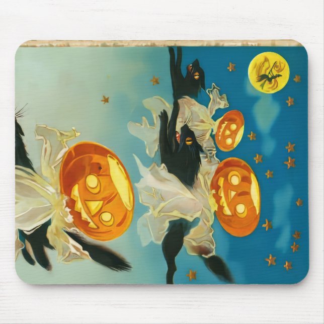 Vintage Halloween Pumpkin-Geister und Schwarze Kat Mousepad (Vorne)