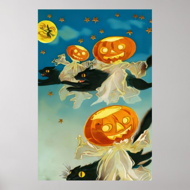 Vintage Halloween Pumpkin-Geister und Schwarze Kat Poster (Vorne)