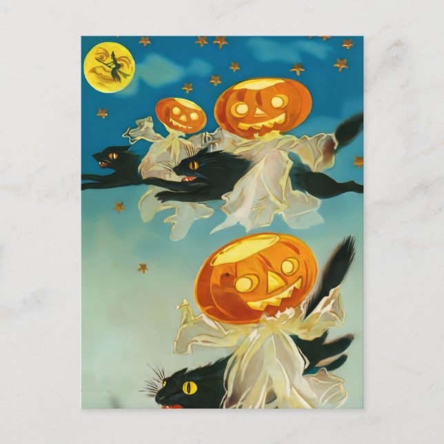 Vintage Halloween Pumpkin-Geister und Schwarze Kat Postkarte (Vorderseite)