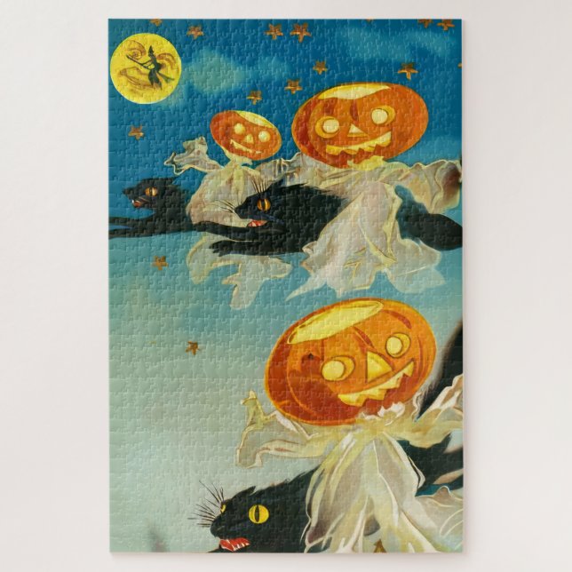 Vintage Halloween Pumpkin-Geister und Schwarze Kat Puzzle (Vertikal)