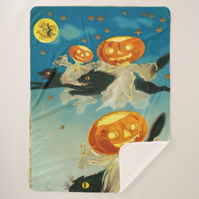 Vintage Halloween Pumpkin-Geister und Schwarze Kat Sherpadecke (Vorderseite)
