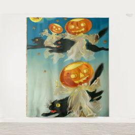 Vintage Halloween Pumpkin-Geister und Schwarze Kat Wandteppich