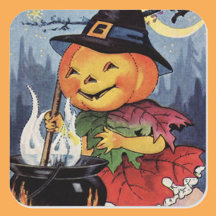 Vintage Halloween Pumpkin-Hexenkopfklemme Quadratischer Aufkleber
