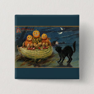 Vintage Halloween Pumpkins Black Cat Button
