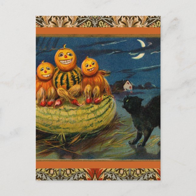 Vintage Halloween Pumpkins Black Cat Einladungspostkarte (Vorderseite)