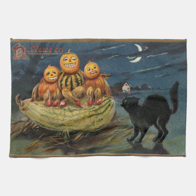 Vintage Halloween Pumpkins Black Cat Handtuch (Horizontal)