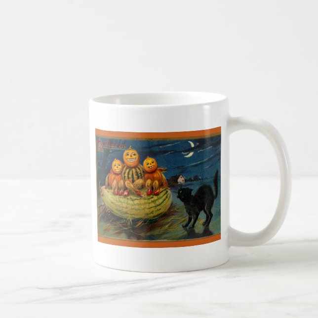 Vintage Halloween Pumpkins Black Cat Kaffeetasse (Rechts)