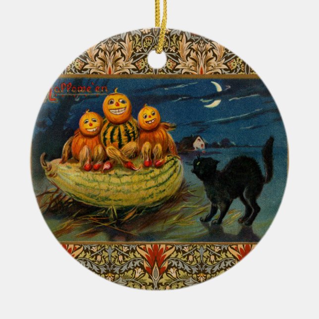 Vintage Halloween Pumpkins Black Cat Keramik Ornament (Vorne)