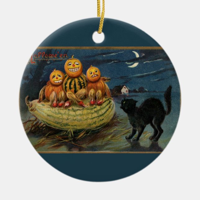 Vintage Halloween Pumpkins Black Cat Keramikornament (Vorne)