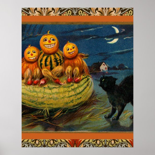 Vintage Halloween Pumpkins Black Cat Poster (Vorne)
