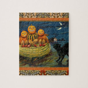 Vintage Halloween Pumpkins Black Cat Puzzle