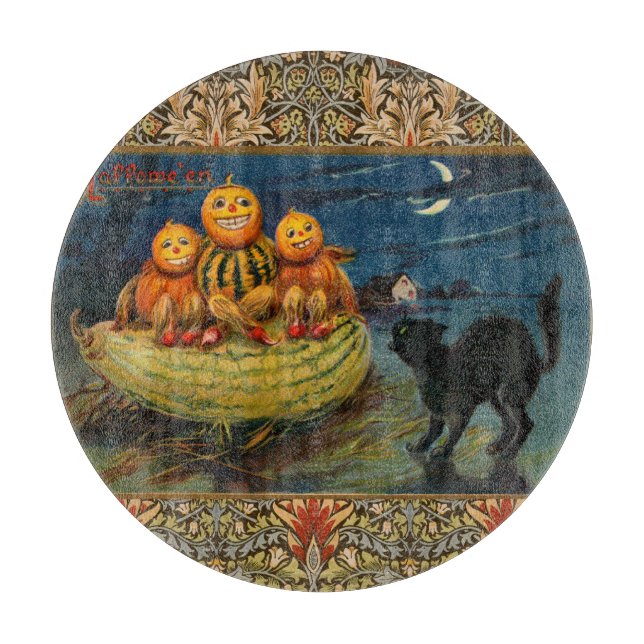 Vintage Halloween Pumpkins Black Cat Schneidebrett (Vorderseite)