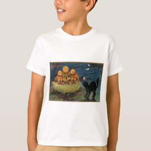 Vintage Halloween Pumpkins Black Cat T-Shirt