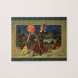 Vintage Halloween, schöne tanzende Hexe Puzzle
