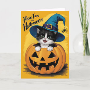 Vintage-Halloween-Schwarz-Weiß-Kätzchen-Hexe Feiertagskarte