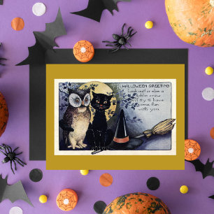 Vintage Halloween schwarze Katze & Eule Hexenhut M Karte