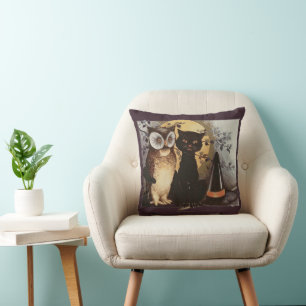 Vintage-Halloween-Schwarze Katze & Eule Hexenhut M Kissen