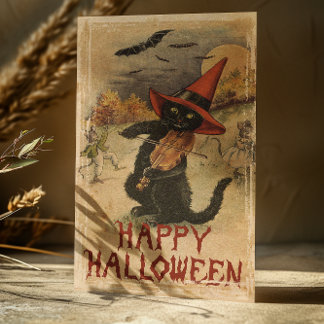 Vintage Halloween schwarze Katze Geigenspielen Feiertagskarte