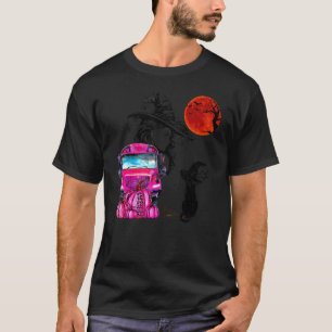 Vintage Halloween schwarze Katze Hexe Mond & Pink- T-Shirt