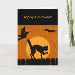 Vintage Halloween schwarze Katze, Hexen-Mond-Silho Karte
