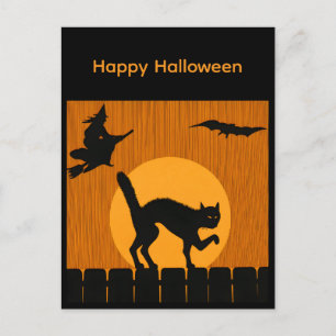 Vintage Halloween Schwarze Katze, Hexen-Mond-Silho Postkarte