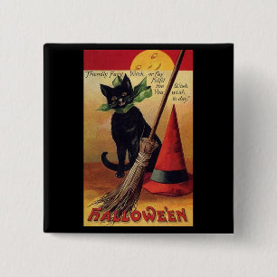Vintage-Halloween-Schwarze Katze, Hexenbesen und H Button