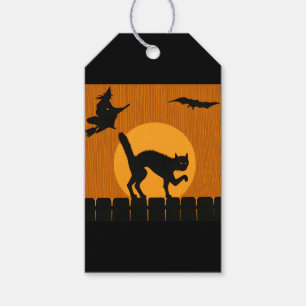 Vintage Halloween-Schwarze Katze, Hexenmond-Silhou Geschenkanhänger