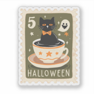 Vintage-Halloween-Schwarze Katze in Teetasse-Stemp Aufkleber