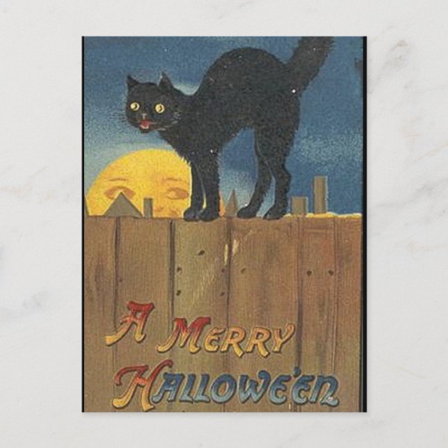 Vintage Halloween schwarze Katze KRW Postkarte (Vorderseite)