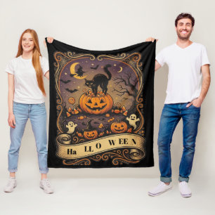 Vintage Halloween Schwarze Katze Kürbis Hexe Gruse Fleecedecke