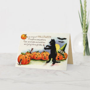 Vintage Halloween, schwarze Katze, Kürbis-Karte Karte