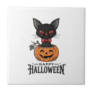 Vintage-Halloween-Schwarze-Katze-Kürbis-Shirt-Desi Fliese