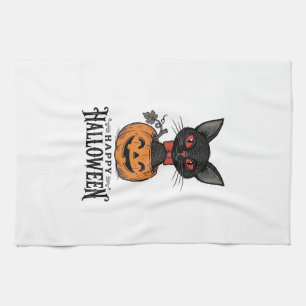 Vintage-Halloween-Schwarze-Katze-Kürbis-Shirt-Desi Geschirrtuch