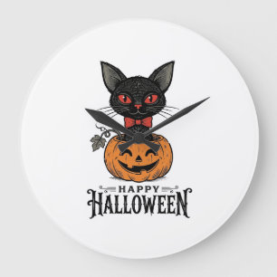 Vintage-Halloween-Schwarze-Katze-Kürbis-Shirt-Desi Große Wanduhr