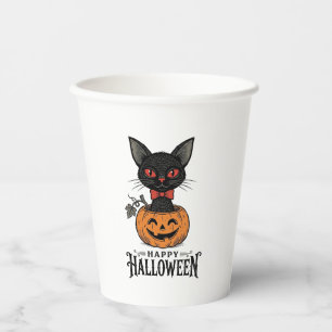 Vintage-Halloween-Schwarze-Katze-Kürbis-Shirt-Desi Pappbecher