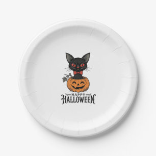 Vintage-Halloween-Schwarze-Katze-Kürbis-Shirt-Desi Pappteller