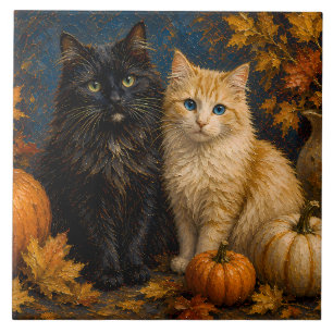 Vintage Halloween Schwarze Katze & Orange Katze Fliese
