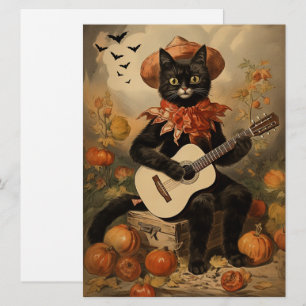 Vintage Halloween schwarze Katze spielt Gitarre Karte