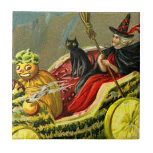 Vintage Halloween schwarze Katze und Hexe Fliese