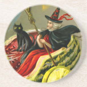 Vintage Halloween schwarze Katze und Hexe Getränkeuntersetzer