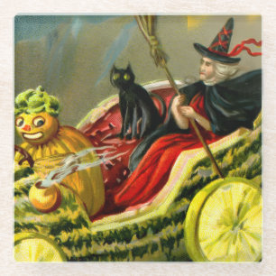 Vintage Halloween schwarze Katze und Hexe Glasuntersetzer