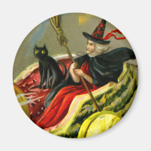 Vintage Halloween schwarze Katze und Hexe Magnet